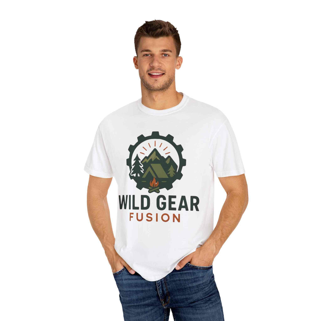 Wild Gear Fusion unisex white t-shirt with mountain and campfire graphic, eco-friendly outdoor apparel