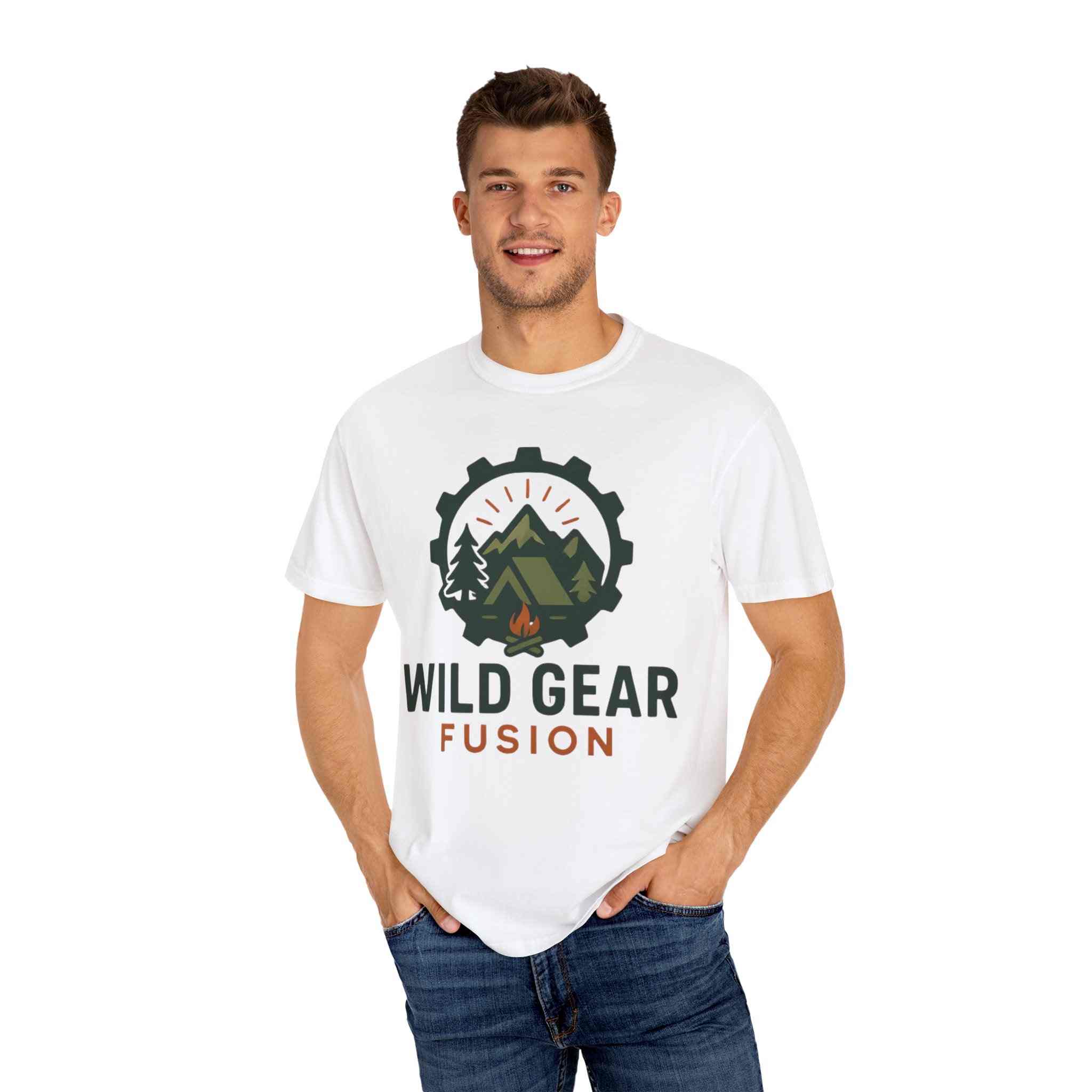 Wild Gear Fusion unisex white t-shirt with mountain and campfire graphic, eco-friendly outdoor apparel