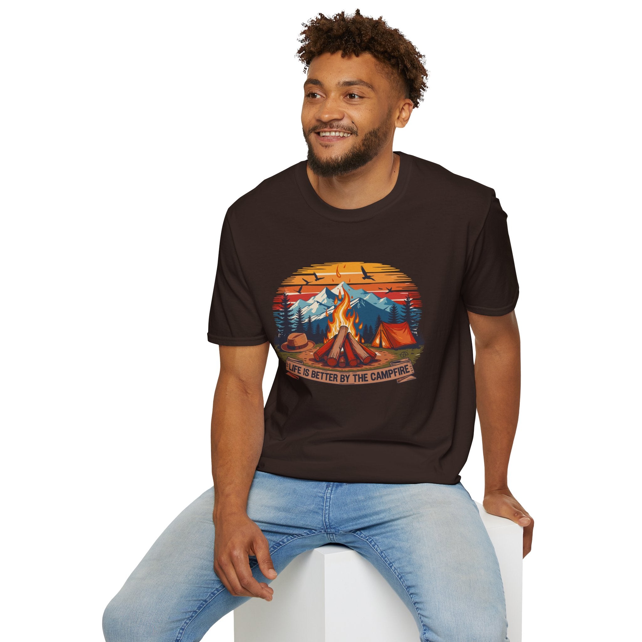 Campfire Vibes Unisex Softstyle T-Shirt, Outdoor Lovers Tee, Adventure Gift, Camping Apparel, Summer Festivals, Nature Enthusiast