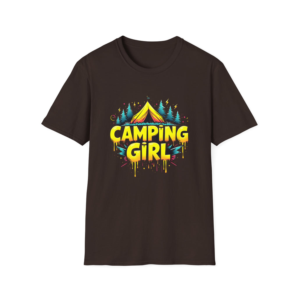 Camping Girl Unisex Softstyle T-Shirt, Outdoor Adventure Tee, Gift for Campers, Hiking Apparel, Summer Vacation Shirt