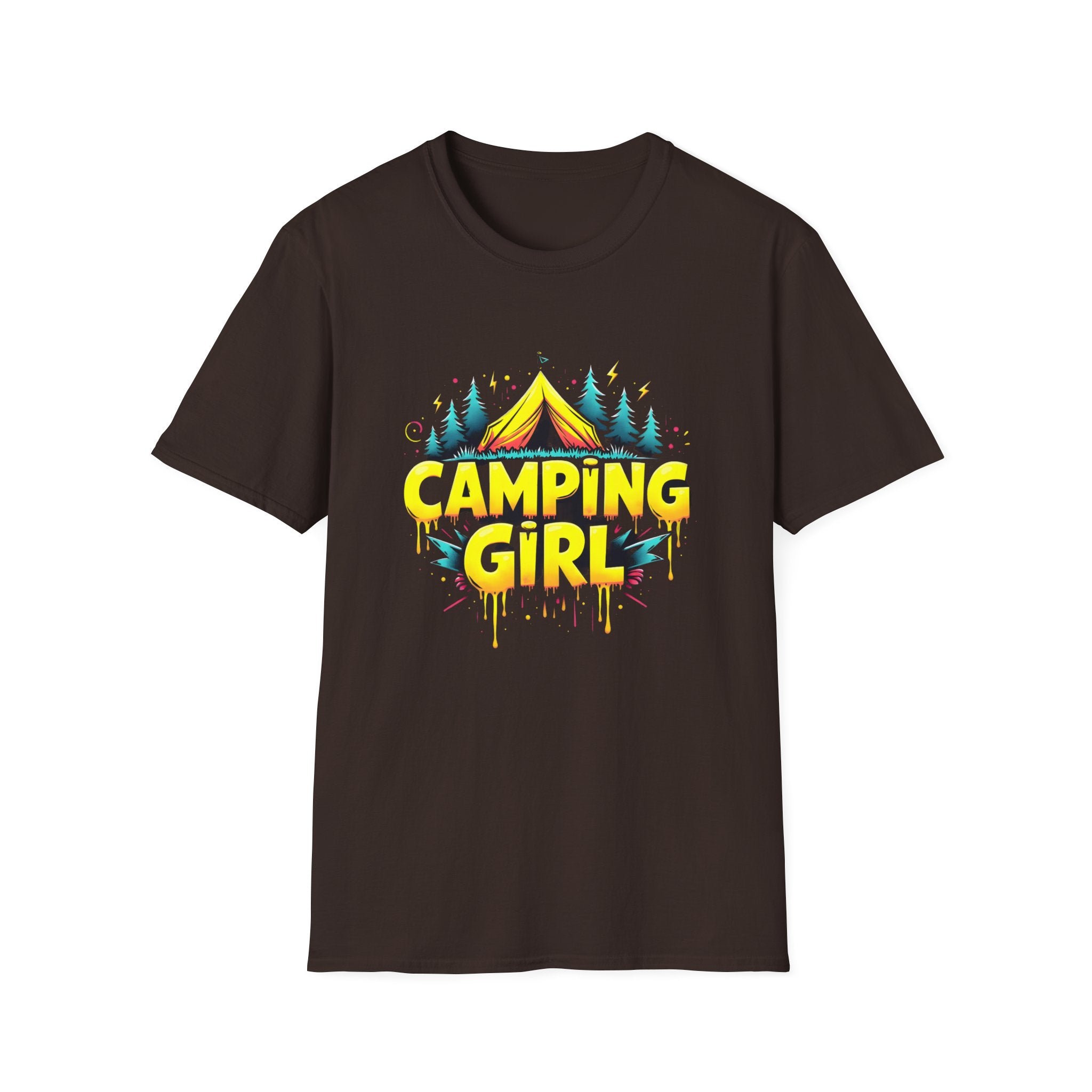 Camping Girl Unisex Softstyle T-Shirt, Outdoor Adventure Tee, Gift for Campers, Hiking Apparel, Summer Vacation Shirt