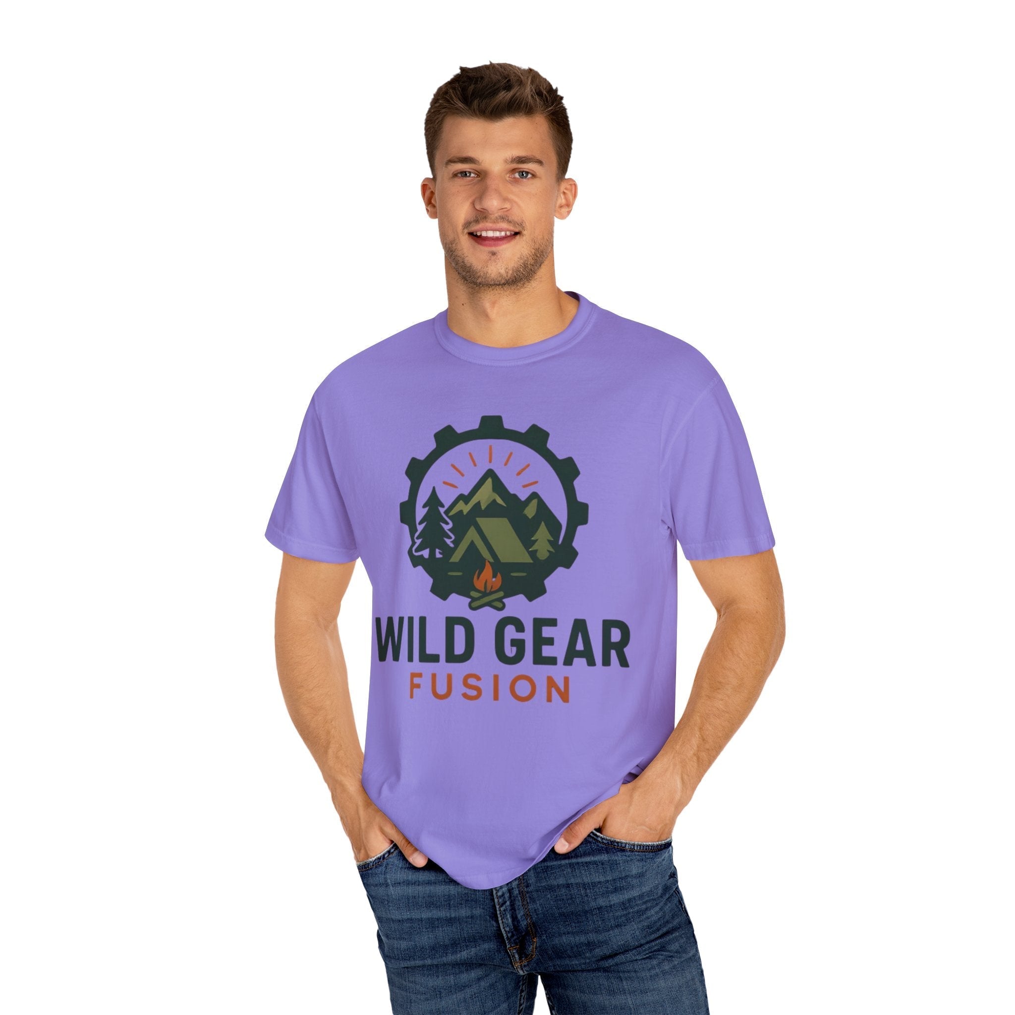 Wild Gear Fusion unisex garment-dyed purple t-shirt with outdoor nature graphic and casual fit