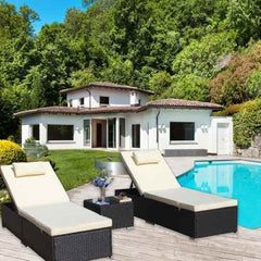 3-Piece Outdoor Patio Furniture Set Chaise Lounge, Patio Reclining Rattan Lounge Chair Chaise Couch Cushioned With Glass Coffee Table, Adjustable Back And Feet, Lounger Chair For Pool Garden, Beige - Wild Gear Fusion