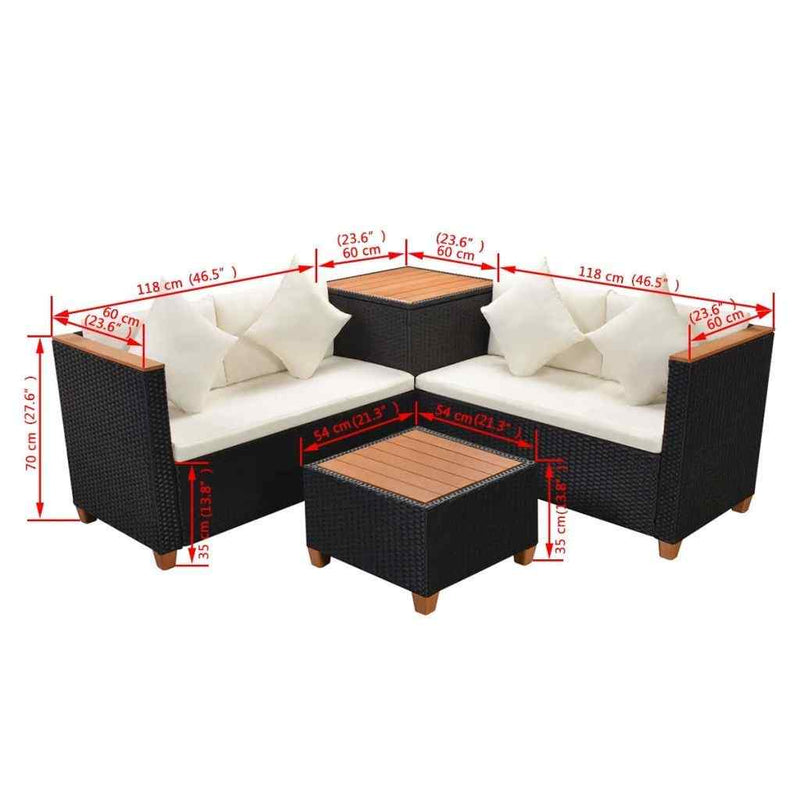 vidaXL 4 Piece Patio Lounge Set with Cushions Poly Rattan Black - Wild Gear Fusion