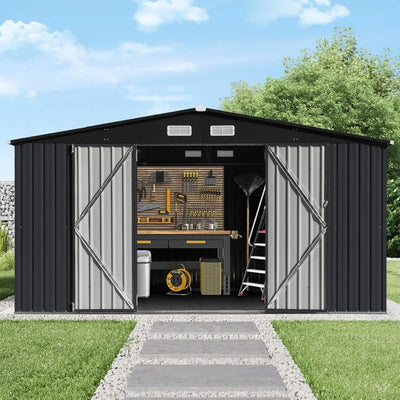 12x10FT Outdoor Storage Shed, Large Galvanized Steel Metal Garden Shed with Window, Outdoor Tool Shed for Backyard, Patio, Lawn - Wild Gear Fusion