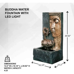 30" H Zen Buddha Face Water Fountain w/LED Light & Pump, Indoor/Outdoor Freestanding, Relaxing Zen Décor, Bronze and Natural - Wild Gear Fusion