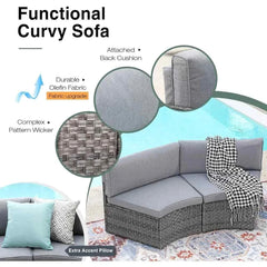 11 Pieces Patio Furniture Sets with Tempered Glass Coffee Table and 4 Pillows, Half-Moon Sectional Round Set Curved Sofa Sets - Wild Gear Fusion