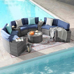 11 Pieces Patio Furniture Sets with Tempered Glass Coffee Table and 4 Pillows, Half-Moon Sectional Round Set Curved Sofa Sets - Wild Gear Fusion