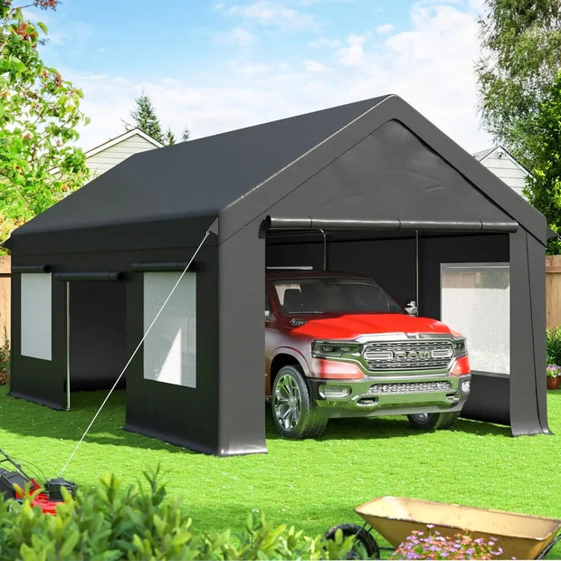 12x20 FT Heavy Duty Carport Awning with Reinforced Base & Side Door, Portable Garage for Pickup Trucks, Boats, Cars & Trucks - Wild Gear Fusion