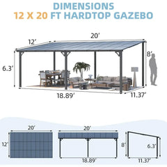 20 'x 12' terrace pavilion, large wall mounted hard top sloping pavilion canopy, used for terrace sunshade on deck and backyard - Wild Gear Fusion