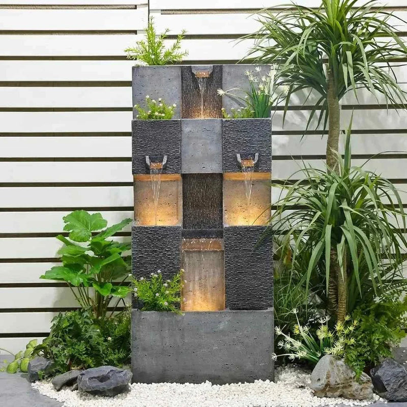 45.3-inch Garden Fountain Outdoor, Home Art Decoration, 3-story Modern Stacked Outdoor Waterfall Fountain with Lights - Wild Gear Fusion