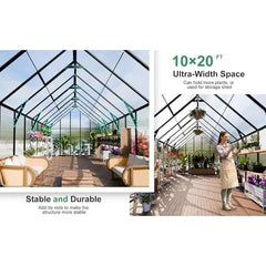 20x10x10 FT Greenhouse, Aluminum Heavy Duty Polycarbonate Greenhouses Kit W/4 Vent Window, Swing Door, Greenhouse - Wild Gear Fusion