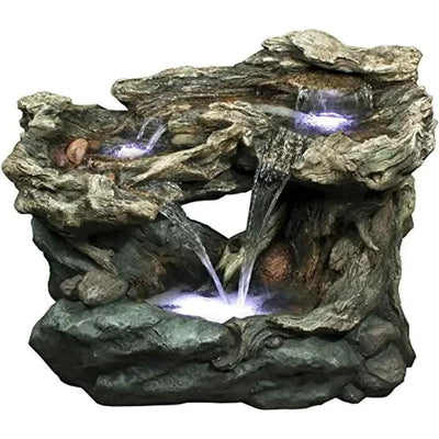 3-Tiered Rock Waterfall Fountain w/ LED Lights Natural Stone Look Outdoor Garden Decor Gray 30