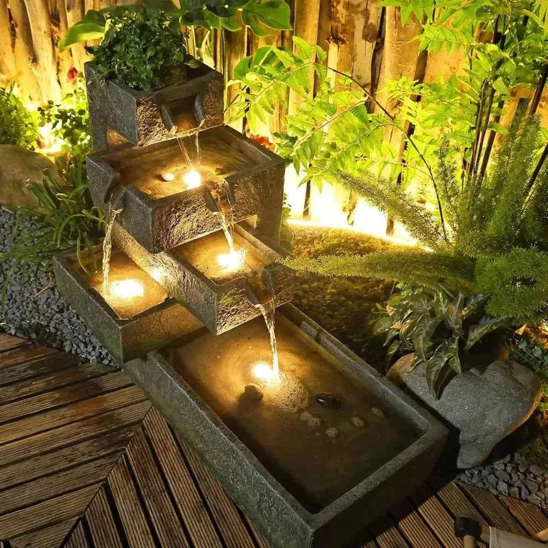 32.5-inch Long Layered Fountain Outdoor Garden, Waterfall Indoor Independent Fountain, Concrete Art Modern Style with LED Lights - Wild Gear Fusion