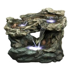 3-Tiered Rock Waterfall Fountain w/ LED Lights Natural Stone Look Outdoor Garden Decor Gray 30" Tall Durable Resin Construction - Wild Gear Fusion