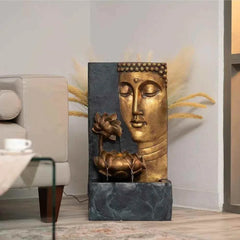 30" H Zen Buddha Face Water Fountain w/LED Light & Pump, Indoor/Outdoor Freestanding, Relaxing Zen Décor, Bronze and Natural - Wild Gear Fusion