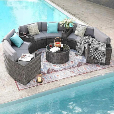 11 Pieces Patio Furniture Sets with Tempered Glass Coffee Table and 4 Pillows, Half-Moon Sectional Round Set Curved Sofa Sets - Wild Gear Fusion