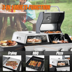 3 IN 1 Multi-function Pizza Griddle Grill Combo,4 Burners Stainless Steel Propane Gas Grill for Outdoor BBQ, Frying, Pizza Making - Wild Gear Fusion