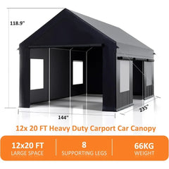 12x20 FT Heavy Duty Carport Awning with Reinforced Base & Side Door, Portable Garage for Pickup Trucks, Boats, Cars & Trucks - Wild Gear Fusion