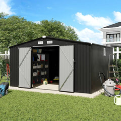 12x10FT Outdoor Storage Shed, Large Galvanized Steel Metal Garden Shed with Window, Outdoor Tool Shed for Backyard, Patio, Lawn - Wild Gear Fusion