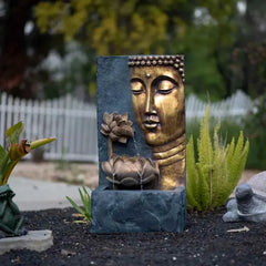 30" H Zen Buddha Face Water Fountain w/LED Light & Pump, Indoor/Outdoor Freestanding, Relaxing Zen Décor, Bronze and Natural - Wild Gear Fusion