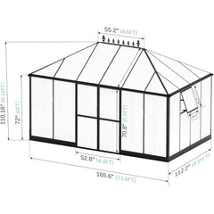 14x9.5x9 FT Polycarbonate Greenhouse- 6 FT Wall Height Outdoor Aluminum Greenhouses with 2 Ventilation and Rain Gutter - Wild Gear Fusion