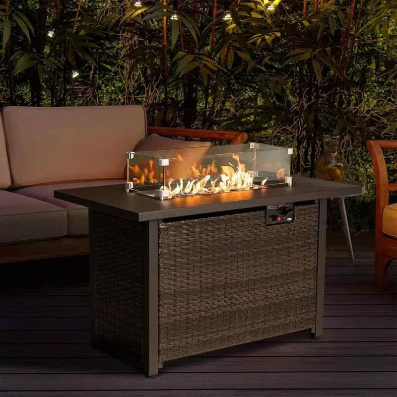 42 in Propane Gas Fire Pit Table, 50000 BTU Auto-Ignition Gas Firepit with Glass Wind Guard, Alloy Wood Grain Tabletop, Fire Pit - Wild Gear Fusion