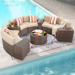 11 Pieces Patio Furniture Sets with Tempered Glass Coffee Table and 4 Pillows, Half-Moon Sectional Round Set Curved Sofa Sets - Wild Gear Fusion