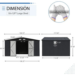 12x10FT Outdoor Storage Shed, Large Galvanized Steel Metal Garden Shed with Window, Outdoor Tool Shed for Backyard, Patio, Lawn - Wild Gear Fusion