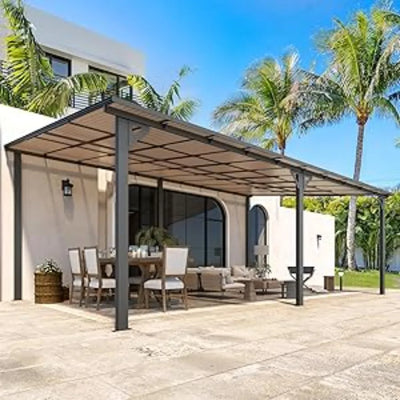 20 'x 12' terrace pavilion, large wall mounted hard top sloping pavilion canopy, used for terrace sunshade on deck and backyard - Wild Gear Fusion