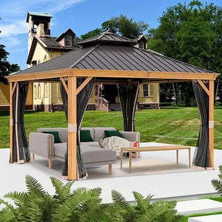 10’x12’ Hardtop Gazebo, Wooden Coated Aluminum Frame Canopy with Galvanized...