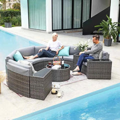 11 Pieces Patio Furniture Sets with Tempered Glass Coffee Table and 4 Pillows, Half-Moon Sectional Round Set Curved Sofa Sets - Wild Gear Fusion