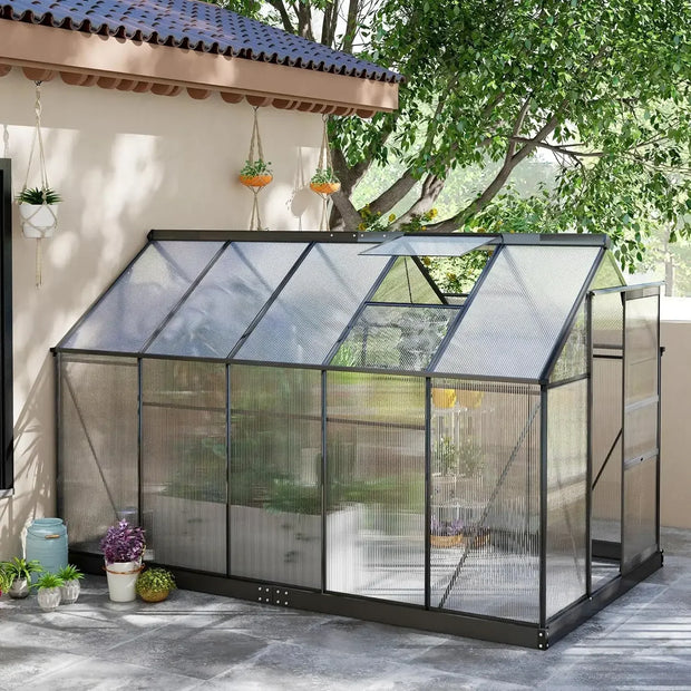 6' x 10' Greenhouse for Outdoors, Polycarbonate Greenhouse with Rain Gutter and Roof Vent, - Wild Gear Fusion