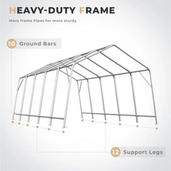 13 x 20 foot heavy duty carport, portable garage with all-steel metal frame and vents, snow canopy outdoor storage shed - Wild Gear Fusion