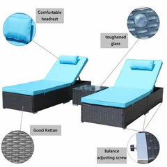 3-Piece Outdoor Patio Furniture Set Chaise Lounge, Patio Reclining Rattan Lounge Chair Chaise Couch Cushioned With Glass Coffee Table, Adjustable Back And Feet, Lounger Chair For Pool Garden, Blue - Wild Gear Fusion