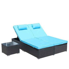 3-Piece Outdoor Patio Furniture Set Chaise Lounge, Patio Reclining Rattan Lounge Chair Chaise Couch Cushioned With Glass Coffee Table, Adjustable Back And Feet, Lounger Chair For Pool Garden, Blue - Wild Gear Fusion