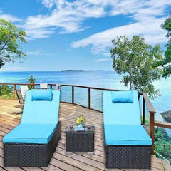 3-Piece Outdoor Patio Furniture Set Chaise Lounge, Patio Reclining Rattan Lounge Chair Chaise Couch Cushioned With Glass Coffee Table, Adjustable Back And Feet, Lounger Chair For Pool Garden, Blue - Wild Gear Fusion