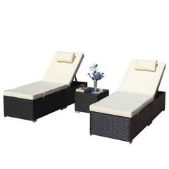 3-Piece Outdoor Patio Furniture Set Chaise Lounge, Patio Reclining Rattan Lounge Chair Chaise Couch Cushioned With Glass Coffee Table, Adjustable Back And Feet, Lounger Chair For Pool Garden, Beige - Wild Gear Fusion